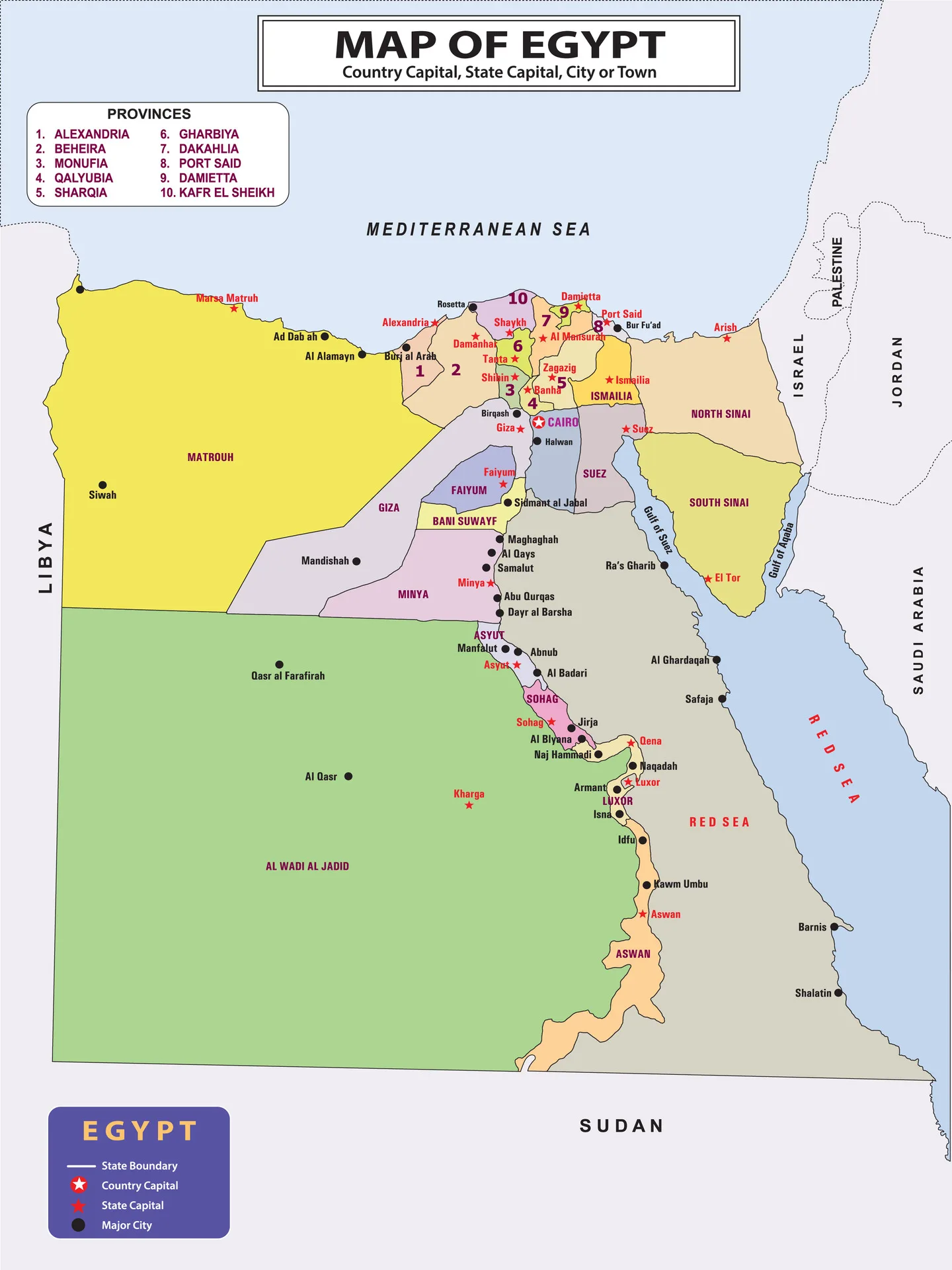 A political map of Egypt showing its provinces, main cities, the Nile Valley, Sinai and the Red Sea coast.