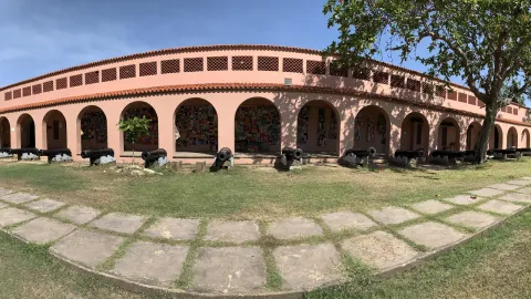 A row of iron cannons stands on grass before the arched pink walls of the museum at Fort Jesus.